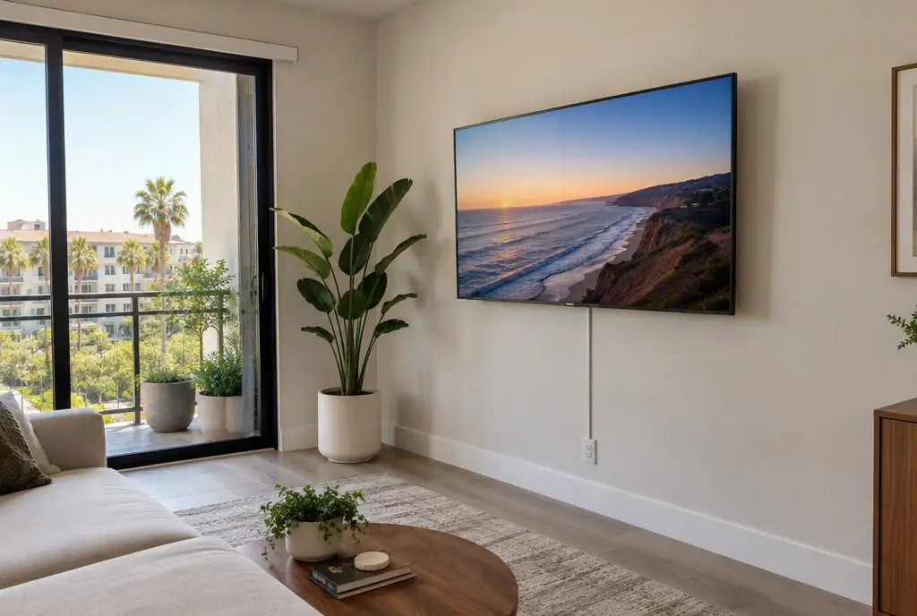 Illustration: a TV on a slim wall mount in a modern Irvine apartment living room, neutral walls and a balcony door