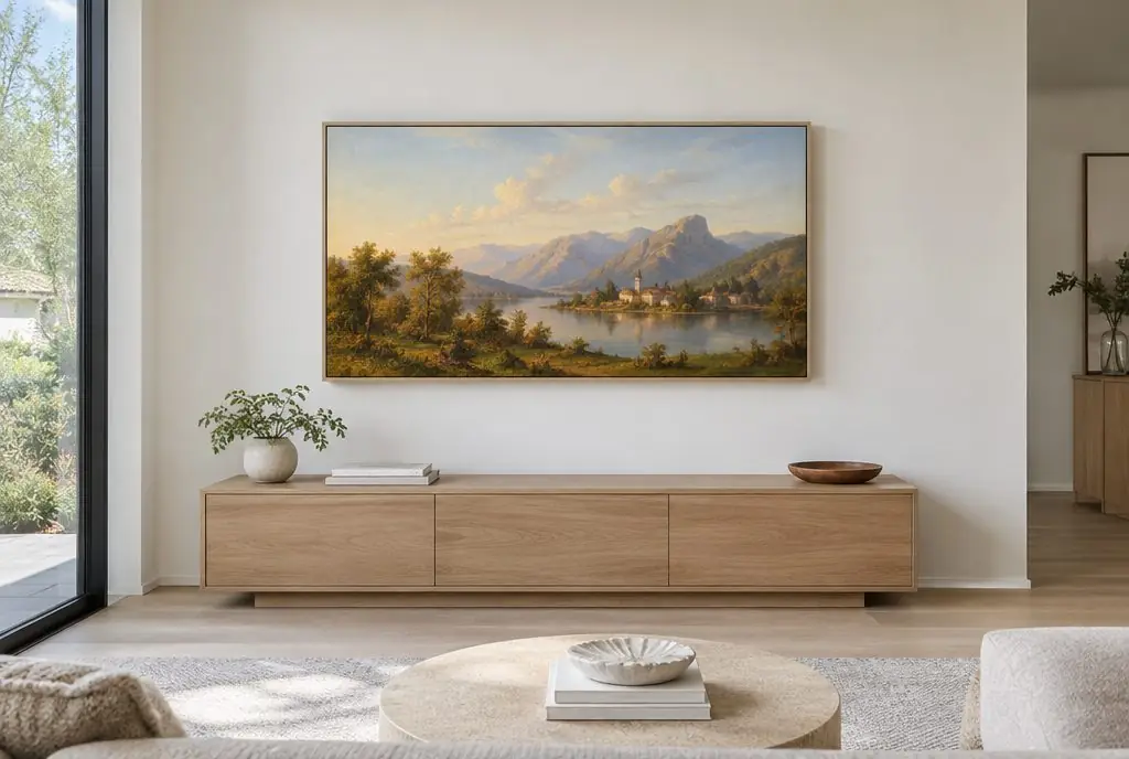Illustration: a slim art-style TV hung flush on a white wall like a framed painting, showing a landscape artwork, in a minimalist Irvine living room