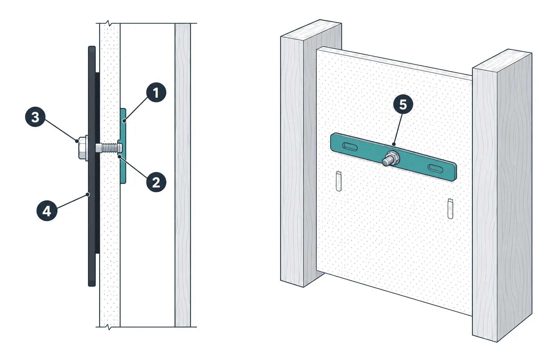 Diagram: side section and cutaway of a heavy-duty strap toggle anchor — a flat metal channel lying across the back of the drywall between two studs, and a bolt through the TV wall plate threaded into it