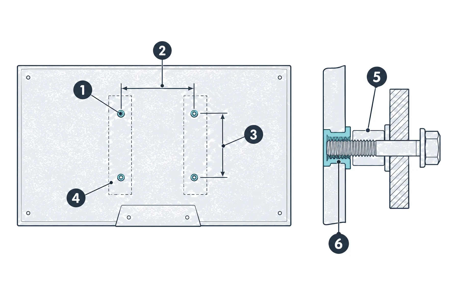 Diagram: rear view of a TV with four threaded mounting holes, the horizontal and vertical centre-to-centre distances and two mount brackets, and an enlarged section of a bolt through a bracket and spacer into a threaded insert