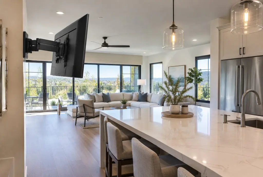 Illustration: a TV on an articulating arm swung toward a kitchen island in an open Irvine great room