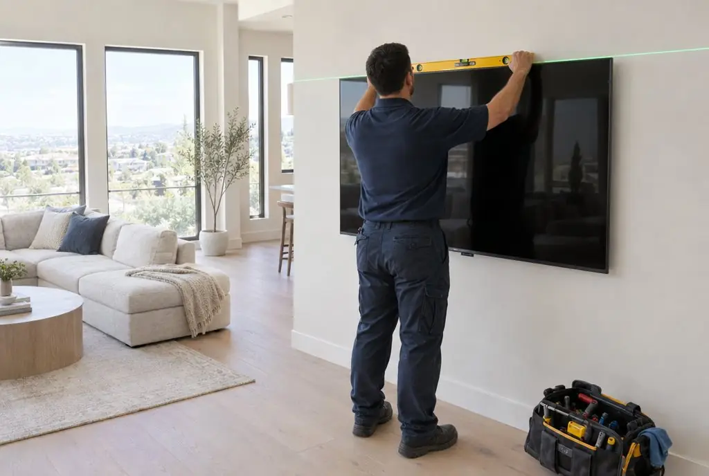 Illustration: an installer, seen from behind, leveling a large TV on its wall bracket along a laser line in a bright, newly built Irvine great room
