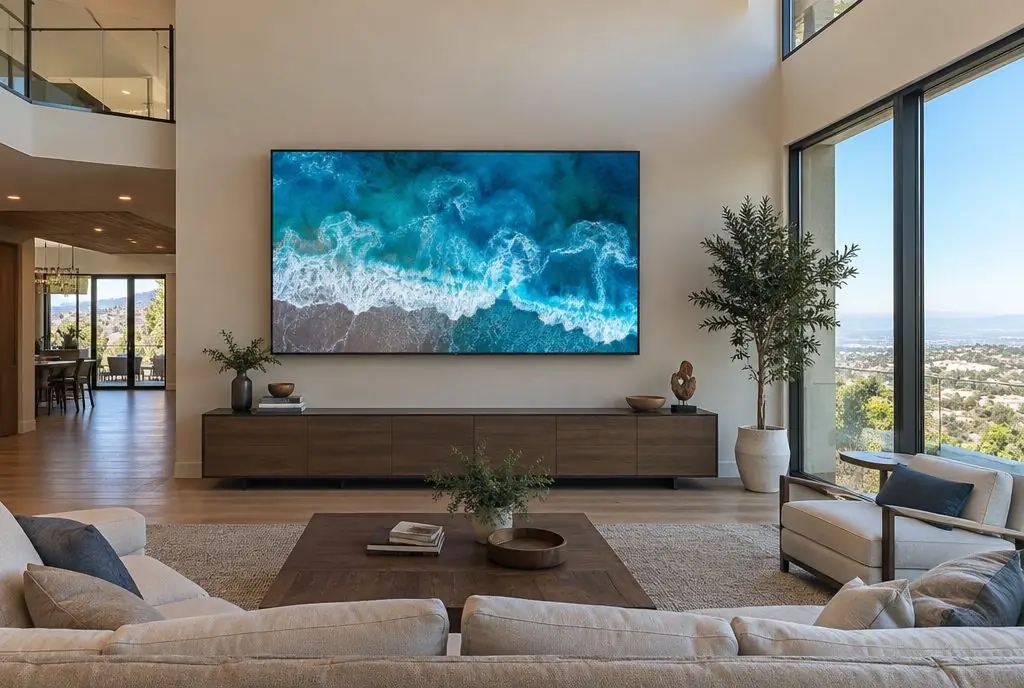 Illustration: a 98-inch TV mounted across a wide great-room wall in a new Orchard Hills home, two people carrying the empty box out