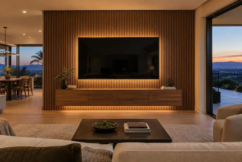 Illustration: a TV centered above a floating walnut console on a slatted wood feature wall with warm LED backlight in an Irvine great room
