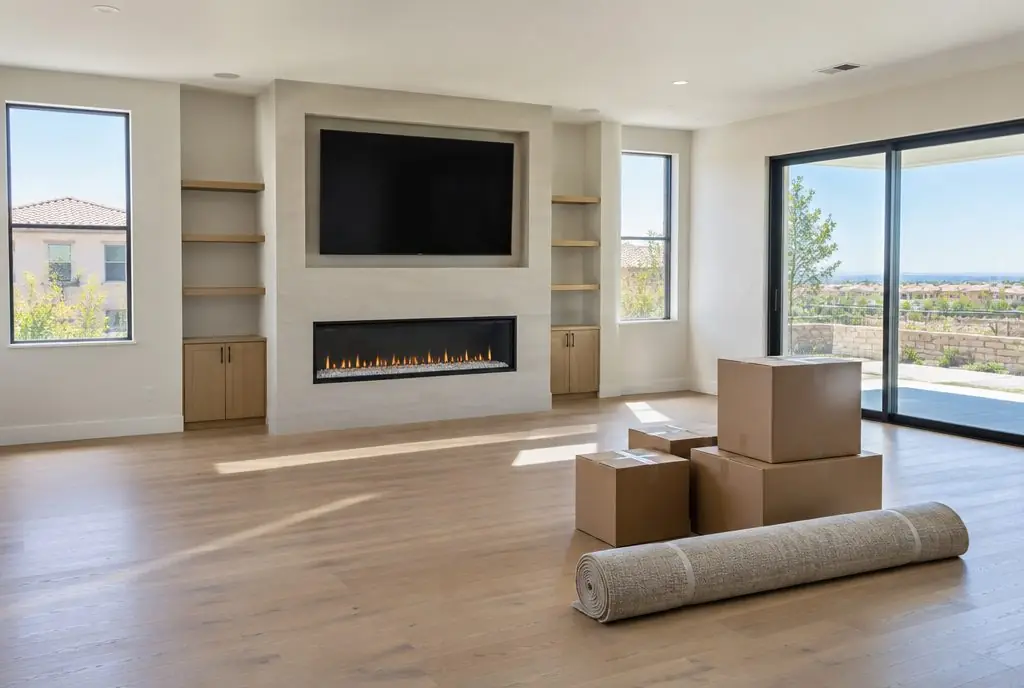 Illustration: a newly built two-story Irvine home interior with a TV mounted in a recessed media box above a linear fireplace and moving boxes nearby