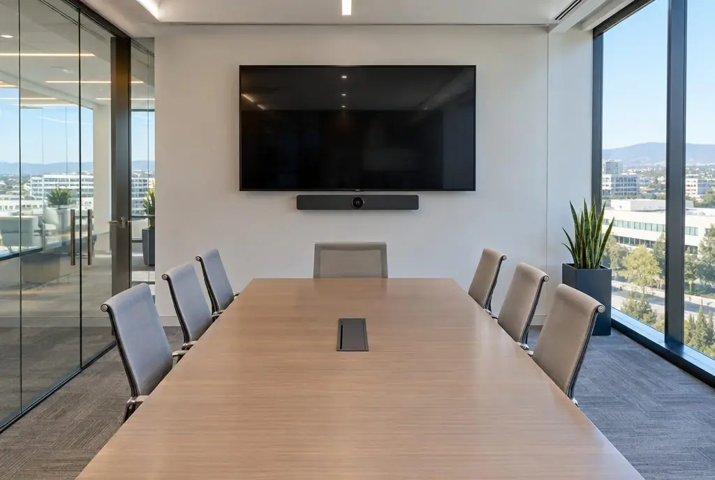 Illustration: a large display with a video camera bar beneath it at the head of a glass-walled conference room in an Irvine office building