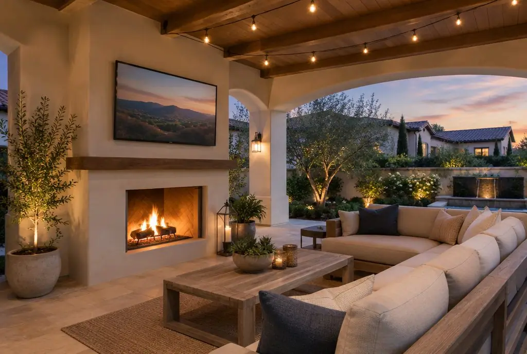 Illustration: an outdoor-rated TV mounted on a stucco wall inside a covered loggia with a sectional and string lights in an Irvine courtyard