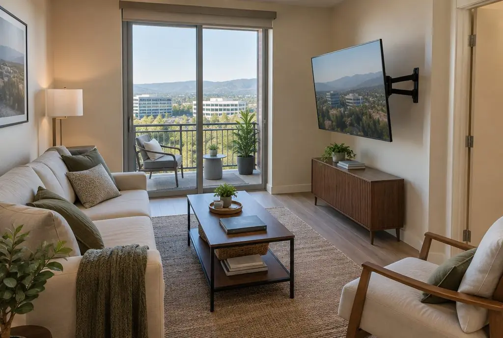 Illustration: a wall-mounted TV in a typical Quail Hill home