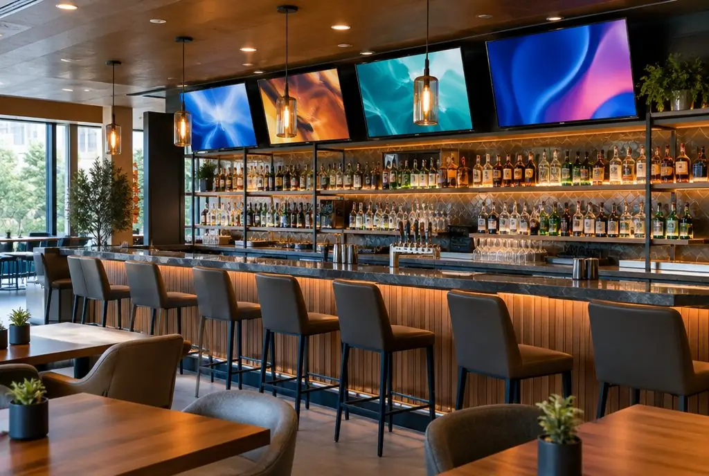 Illustration: several TVs mounted above the bar of a modern restaurant with tilted angles toward the seating, warm pendant lights