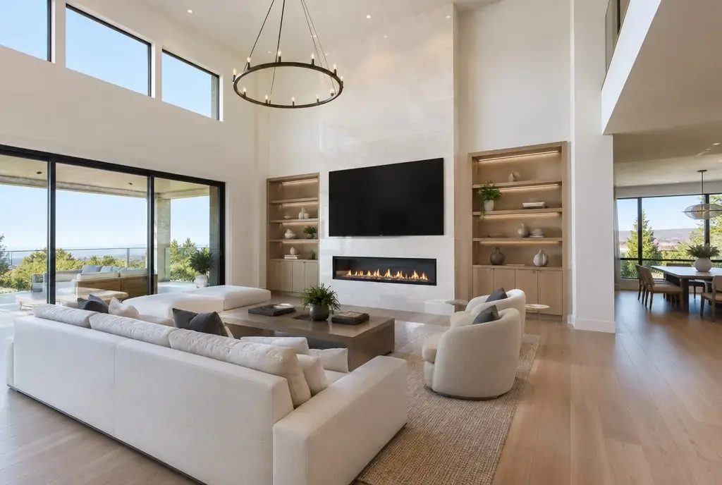 Illustration: a large TV above a long linear gas fireplace with a porcelain surround in a new Great Park home great room