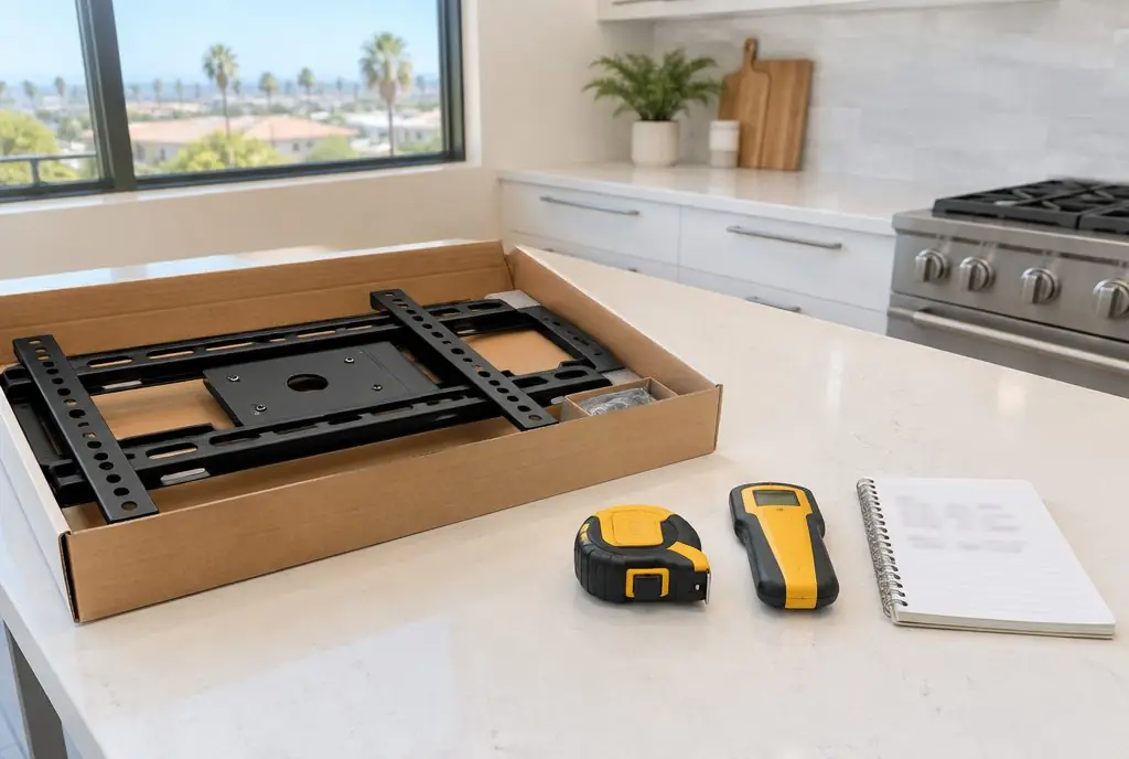 Illustration: a boxed TV wall mount, a tape measure, a stud finder and a notepad with blurred figures on an Irvine kitchen counter