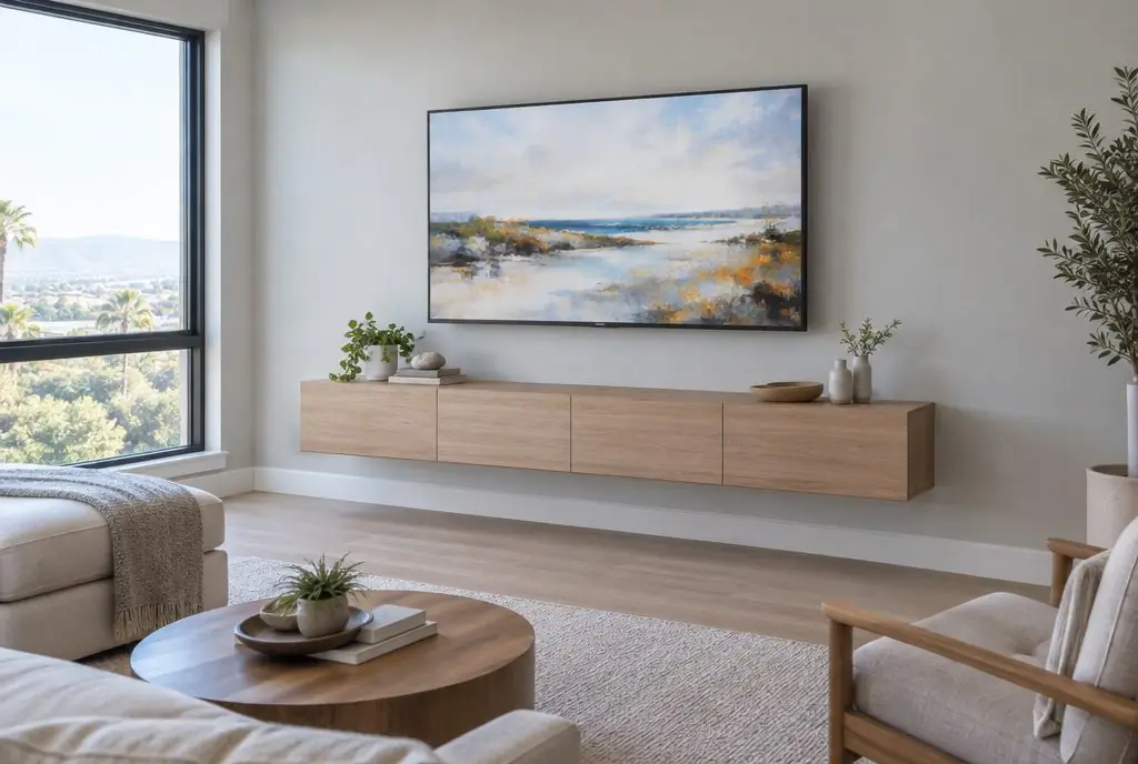 Illustration: a 65-inch TV on a low-profile wall mount above a white oak console in a bright Irvine living room